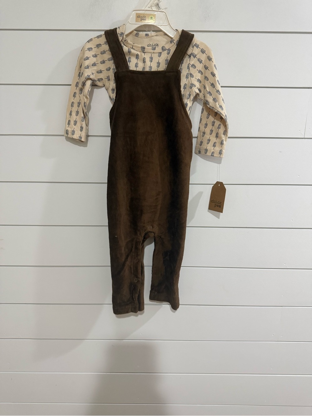 chick pea Dark Brown Corduroy Overalls with Neutral Print Top
